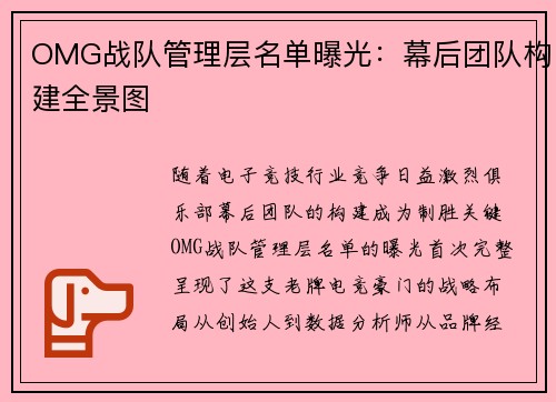 OMG战队管理层名单曝光：幕后团队构建全景图